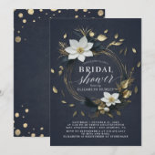 おしゃれなブラックホワイトゴールドの花輪 ブライダルシャワー 招待状 (正面/裏面)