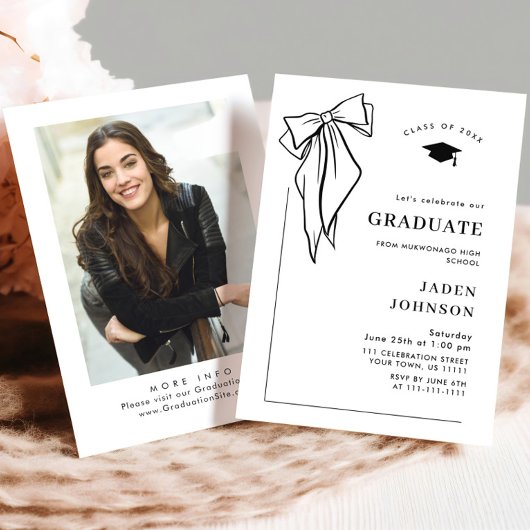 おしゃれなブラックリボン写真 卒業パーティー 招待状