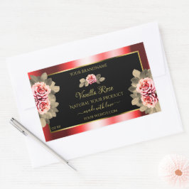 おしゃれなブラックレッド製品ラベル 花のかわいいバラ 長方形シール