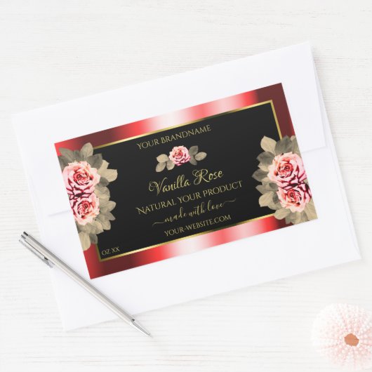 おしゃれなブラックレッド製品ラベル 花のかわいいバラ 長方形シール (封筒)