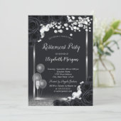 おしゃれなブラックローズ ワイングラス風船 退職祝い 招待状 (スタンド正面)