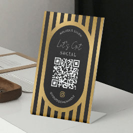 おしゃれなブラック&ゴールドのストライプ ソーシャルメディア QR コード 台座サイン