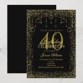 おしゃれなブラック＆ゴールドグリッター装飾誕生日 招待状 (正面/裏面)