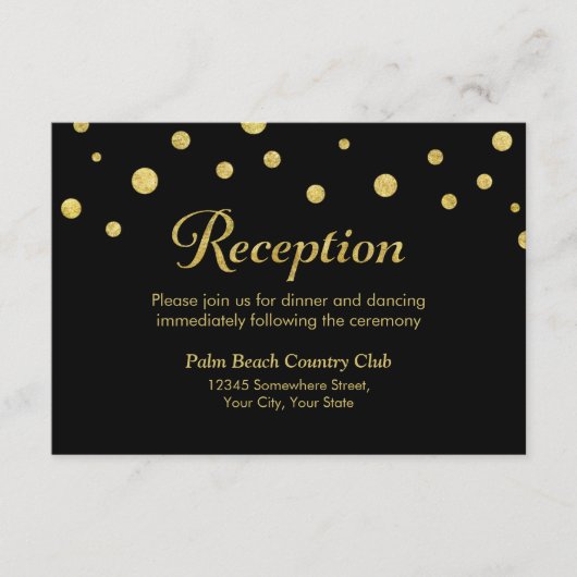おしゃれなブラック＆ゴールドドット結婚式の披露宴 エンクロージャーカード (正面)