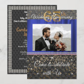 おしゃれなブラック ゴールド ブルー シルク 65周年 結婚記念日 招待状 (正面/裏面)