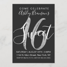 おしゃれなブラック フェイク シルバー シークイン グリッター スイート16 招待状