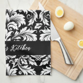 おしゃれなブラック&ホワイトのダマスク柄 キッチンタオル (四つ折り)