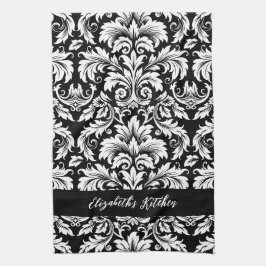 おしゃれなブラック＆ホワイトのダマスク柄 キッチンタオル