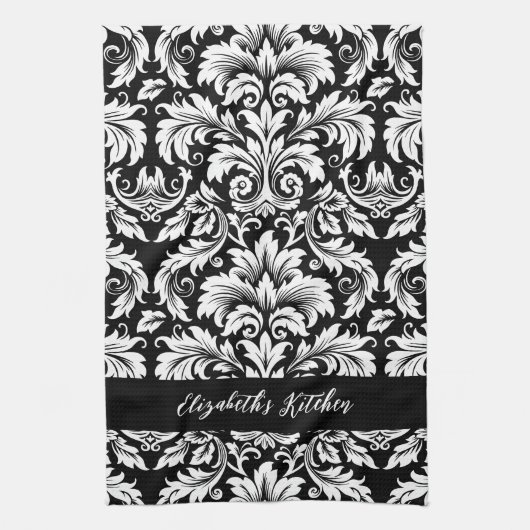 おしゃれなブラック&ホワイトのダマスク柄 キッチンタオル (縦)