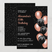 おしゃれなブラック ローズゴールドの風船 89歳の誕生日 招待状 (正面/裏面)