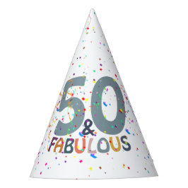 おしゃれなブルーのカラフルコンフェティと「50+Fabulous」50歳の誕生日 パーティーハット