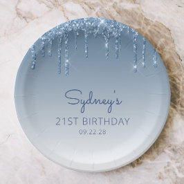 おしゃれなブルーのグリッター ドリップ 21歳の誕生日パーティー ペーパープレート
