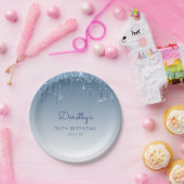 おしゃれなブルーのグリッター ドリップ 90歳の誕生日パーティー ペーパープレート (パーティー)