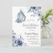 おしゃれなブルーのドレスと青いバラのスイート16 招待状 (スタンド正面)