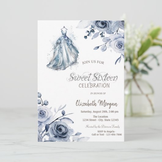 おしゃれなブルーのドレスと青いバラのスイート16 招待状 (スタンド正面)