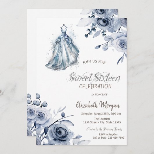 おしゃれなブルーのドレスと青いバラのスイート16 招待状 (正面/裏面)