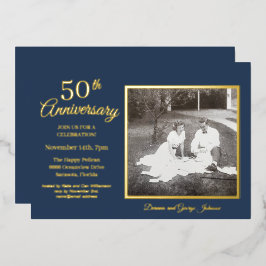 おしゃれなブルーの写真 50周年 ゴールド 箔招待状
