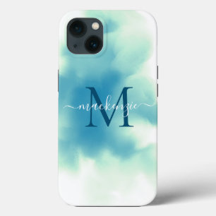 おしゃれなブルーの水彩抽象モノグラム iPhone 13ケース
