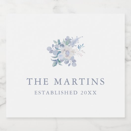 おしゃれなブルーの花柄 オーダーメイド名前 ウェディング スパークリングワインラベル (シングルラベル)