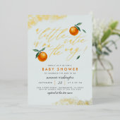 おしゃれなブルーの「A Little Cutie Orange Baby Shower」 箔招待状 (立ち正面)