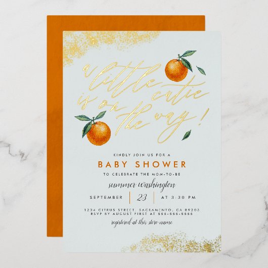 おしゃれなブルーの「A Little Cutie Orange Baby Shower」 箔招待状 (正面/裏面)