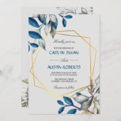 おしゃれなブルーゴールドフレーム 招待状 (正面/裏面)