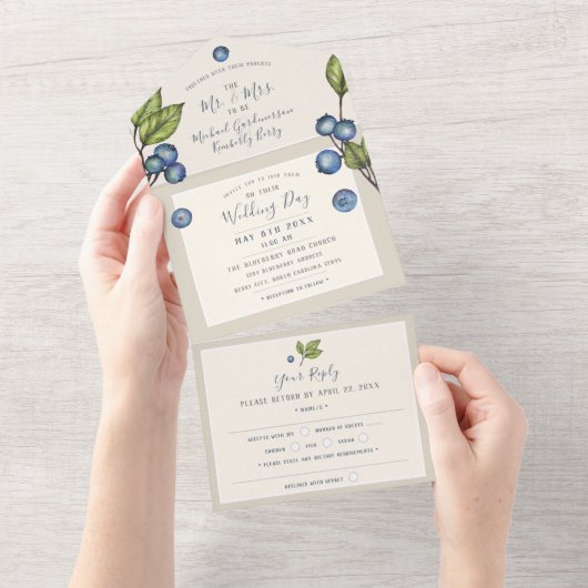 おしゃれなブルーベリーがひとつに　結婚式の招待状 オールインワン招待状 (貼ってはがせる)