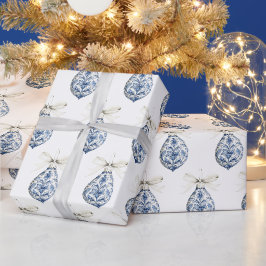 おしゃれなブルーホワイトリボンオーナメント クリスマス ラッピングペーパー