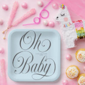 おしゃれなブルーボーイ ベビーシャワーグッズ Oh Baby エレガントな手書き風フォント ペーパープレート (パーティー)