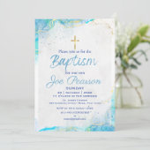 おしゃれなブルー息子洗礼招待状カード 招待状 (スタンド正面)