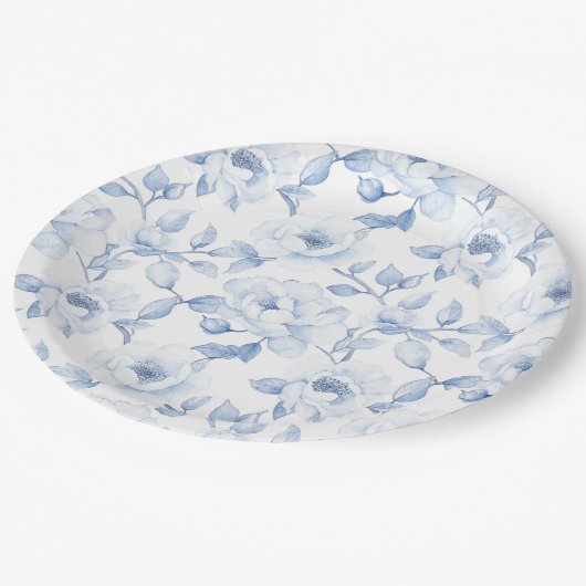 おしゃれなブルー ホワイト フラワー ウェディング ペーパープレート (アングル)