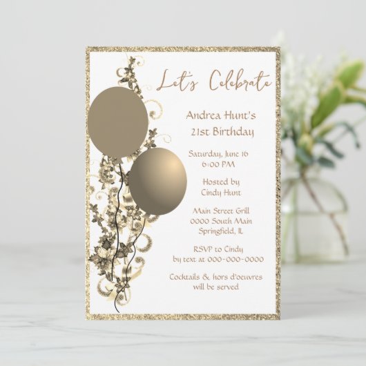 おしゃれなブロンズゴールドグリッター誕生日招待状 招待状 (スタンド正面)