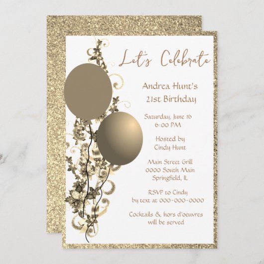 おしゃれなブロンズゴールドグリッター誕生日招待状 招待状 (正面/裏面)