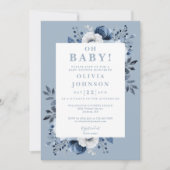 おしゃれなベイビーシャワー招待状 ダスティーブルー 花柄 フォトQRコード付き 招待状 (正面)