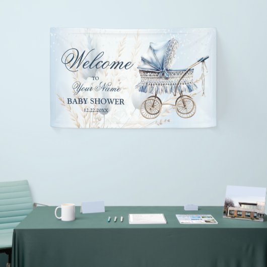 おしゃれなベビーカー ブルーフラワー 美しいパーティーへようこそ 横断幕 (トレードショー)