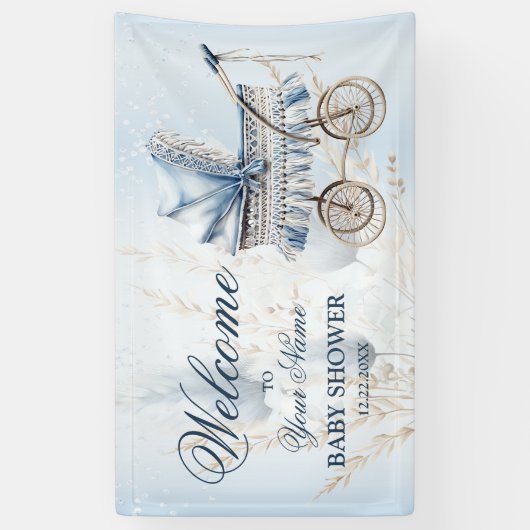 おしゃれなベビーカー ブルーフラワー 美しいパーティーへようこそ 横断幕 (縦)