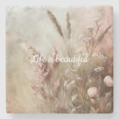 おしゃれなベージュのチークとフラワーのボヘミアンスタイル ストーンコースター (正面)