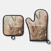 おしゃれなベージュのチークとフラワーのボヘミアンスタイル 鍋つかみ&鍋敷きセット (正面)