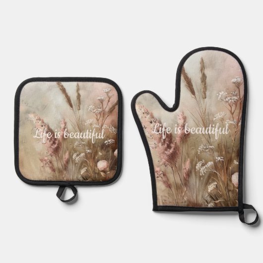おしゃれなベージュのチークとフラワーのボヘミアンスタイル 鍋つかみ&鍋敷きセット (正面)