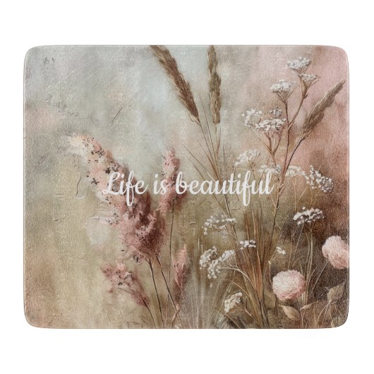 おしゃれなベージュのチークカラーのボヘミアンフラワープリント カッティングボード (正面)