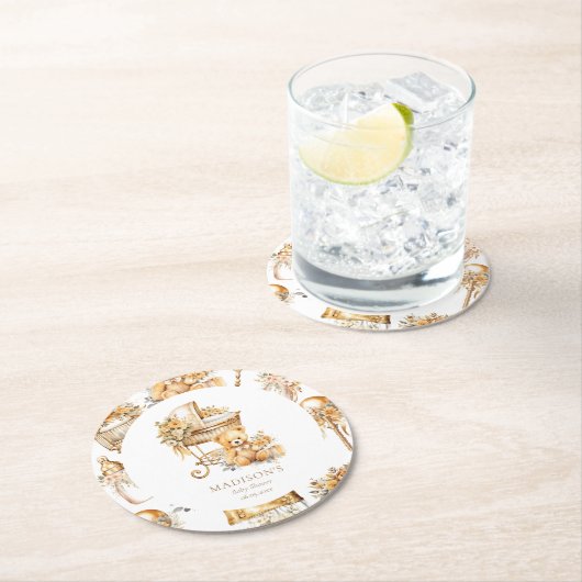 おしゃれなベージュ＆ゴールドのゆりかごカスタム ラウンドペーパーコースター (インサイチュ)