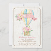 おしゃれなホットエアバルーン ピンクの花の女の子のベビーシャワー 招待状 (正面)