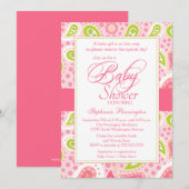 おしゃれなホットピンクとグリーンのペイズリー柄ベビーシャワー招待状 招待状 (正面/裏面)