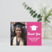 おしゃれなホットピンクの卒業写真カスタム感謝カード ポストカード (スタンド正面)
