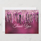 おしゃれなホットピンクブラックのドリッピンググリッター サンキューカード (正面)