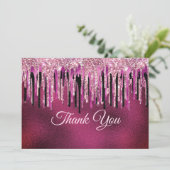 おしゃれなホットピンクブラックのドリッピンググリッター サンキューカード (スタンド正面)