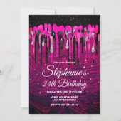 おしゃれなホットピンク ブラック グリッター ドリップ モノグラム 招待状 (正面)