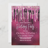 おしゃれなホットピンク ブラック ドリッピング グリッター モノグラム 招待状 (正面)