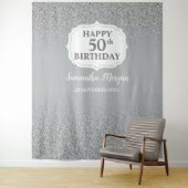 おしゃれなホワイトシルバーグリッター誕生日バックドロップバナー タペストリー (インサイチュ)
