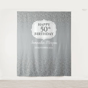 おしゃれなホワイトシルバーグリッター誕生日バックドロップバナー タペストリー
